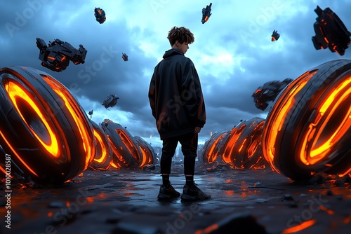 A calm figure standing in a futuristic wasteland, with robotic structures crumbling around them, their face serene as they reflect on the stoic acceptance of change and impermanence