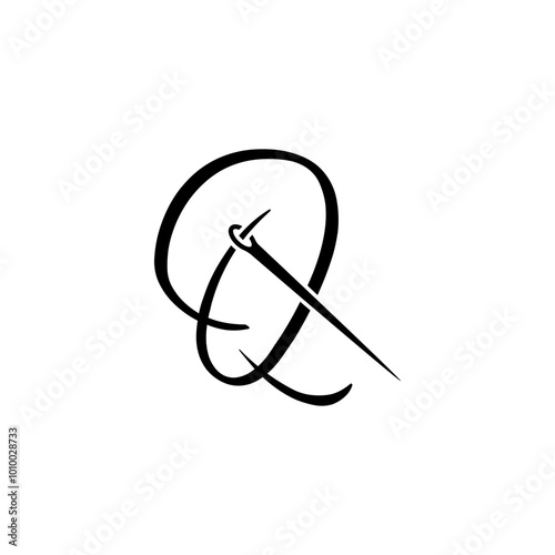 script letter initial q with sewing needle logo