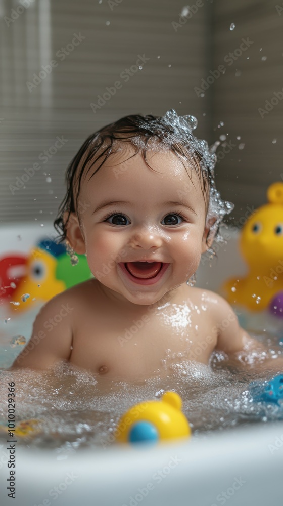 Joyful baby splashing and kicking in a small tub during bath time, surrounded by colorful toys Joyful baby splashing and kicking in a small tub during bath time, surrounded by colorful toys