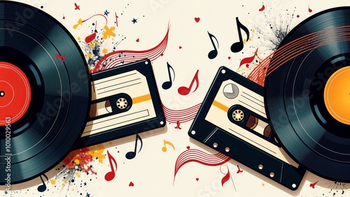 old vinyl records and cassette tapes forming a retro music border, with spinning records, tape reels, and musical sound waves wrapping around the edges