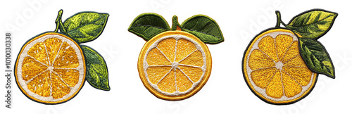 Colorful Embroidered Citrus Fruit Designs. Embroidered Patch Objects Collection in Embroidered Patch Style, Isolated on Transparent Background