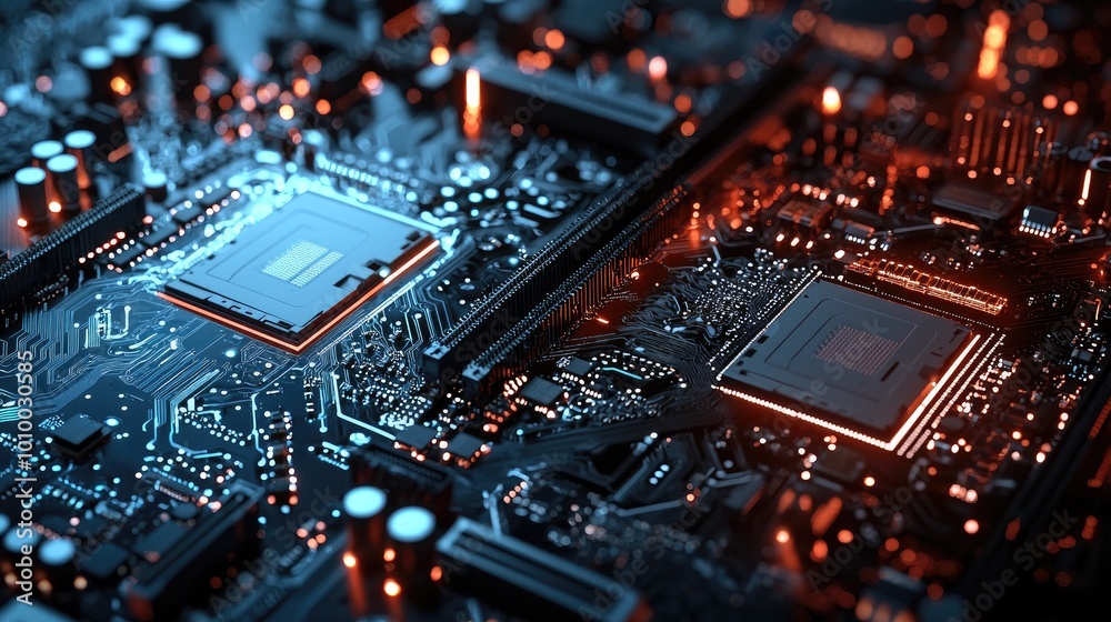Close-up of a Motherboard with Two CPU Sockets Glowing with Red and Blue Lights Close-up of a Motherboard with Two CPU Sockets Glowing with Red and Blue Lights