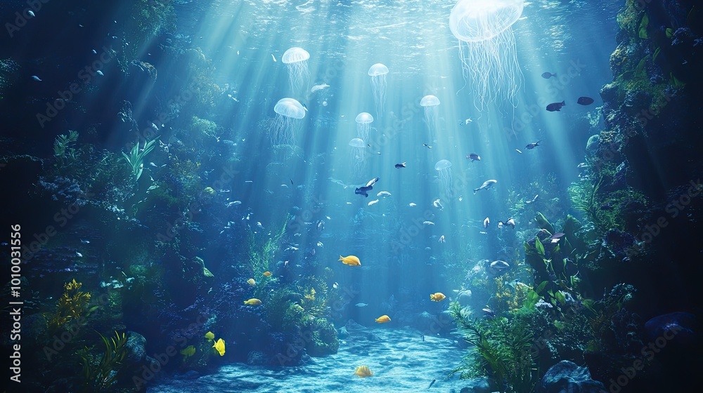 Naklejka premium Sunbeams Illuminating a Vibrant Underwater Scene with Jellyfish and Fish