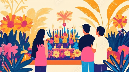 Birthday Celebration with Colorful Cake and Tropical Flowers