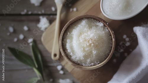 Luxurious creamy body scrub made with hand-harvested organic sea salts, designed to exfoliate and nourish the skin. This product showcases natural ingredients for a spa-like experience, 