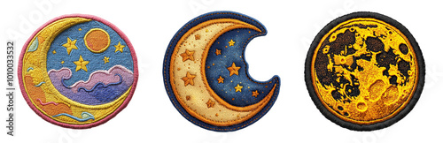 Celestial Embroidery Patches Featuring Moon and Stars. Embroidered Patch Objects Collection in Embroidered Patch Style, Isolated on Transparent Background