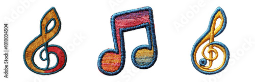 Colorful Music Notes Embroidery Designs. Embroidered Patch Objects Collection in Embroidered Patch Style, Isolated on Transparent Background