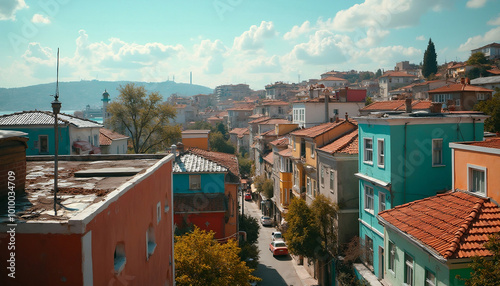 View of the Balat neighborhood in Istabul, Turkey with colorful houses during a sunny day
