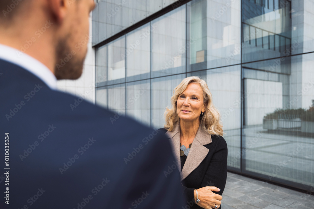 A female leader walks in front of an office building in cloudy weather. She meets a male businessman. They are discussing a new deal. They are dressed in business clothes. A female leader walks in front of an office building in cloudy weather. She meets a male businessman. They are discussing a new deal. They are dressed in business clothes.