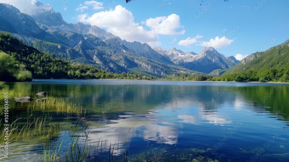 An enchanting image of a crystal-clear mountain lake reflecting the majestic peaks of the surrounding mountains, showcasing the serene beauty of nature on a sunny day. An enchanting image of a crystal-clear mountain lake reflecting the majestic peaks of the surrounding mountains, showcasing the serene beauty of nature on a sunny day.