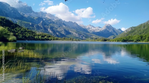 An enchanting image of a crystal-clear mountain lake reflecting the majestic peaks of the surrounding mountains, showcasing the serene beauty of nature on a sunny day.