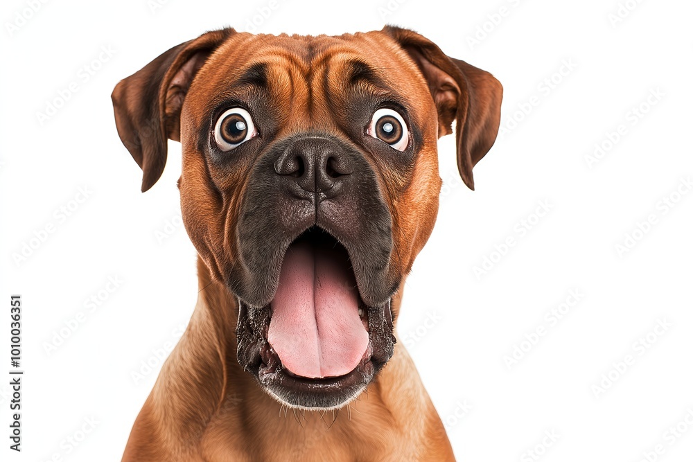 Obraz premium Close-up Of A Angry And Surprised Boxer Dog Isolated On White Background With A Funny And Excited Expression, Dog Portrait