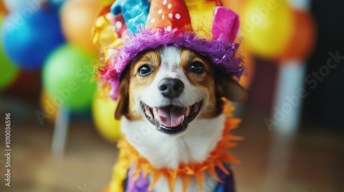 Adorable dog dressed in a festive costume for a carnival party, showcasing a playful and funny puppy enjoying Halloween. This image captures the essence of humanized animals, perfect for celebrating 