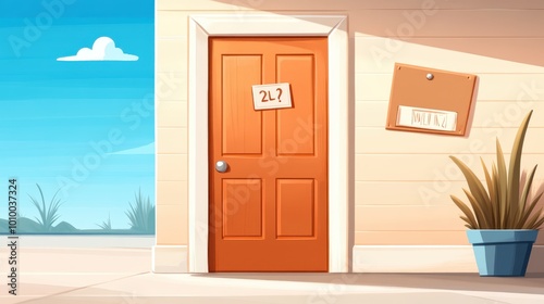 An orange door marked  2L   with a bulletin board beside it  under a sunny blue sky creates a sense of mystery and curiosity about what lies beyond.