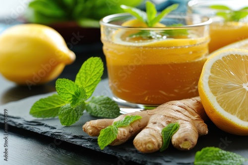 Citrus and Spice: Immune-Boosting Food Photography with Closeup of Lemons and Ginger on Dark Table Background