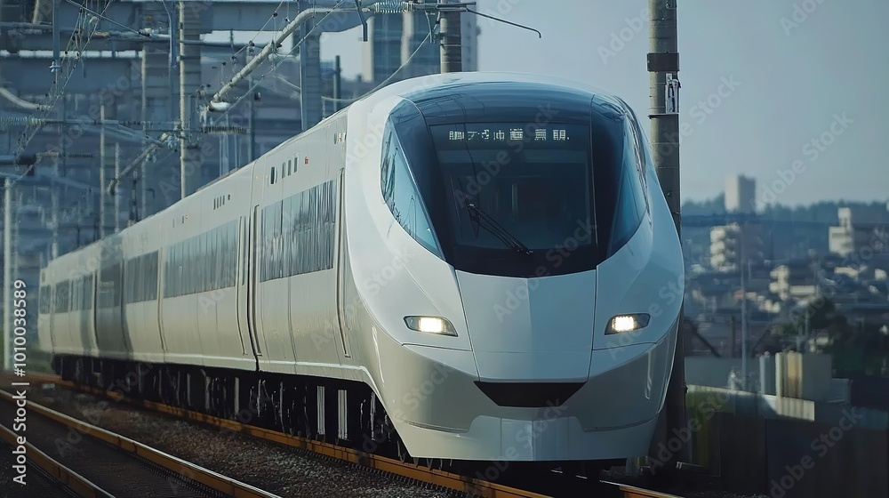 Fototapeta premium Sleek electric train speeding through a scenic landscape, showcasing modern transportation technology and the beauty of rail travel. Ideal for showcasing innovation in transit, travel articles,