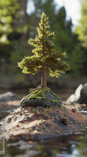 Tranquil Forest Scene: A Lone Evergreen Tree on a Mossy Rock