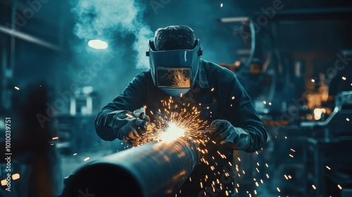 Welder wearing a protective mask cutting a metal pipe in a workshop photo