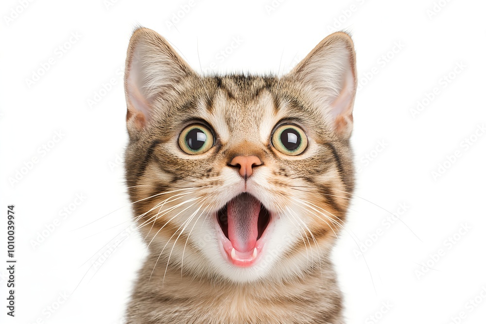 Fototapeta premium Close-up Of A Angry And Surprised Cat Isolated On White Background With A Funny And Excited Expression, Cat Portrait