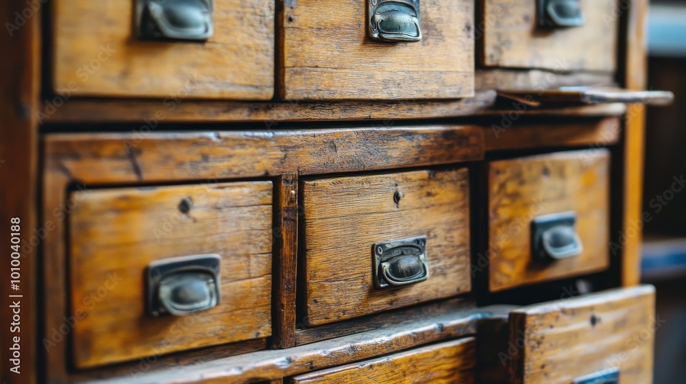 Wooden chest with many drawers, one drawer open, vintage storage piece Wooden chest with many drawers, one drawer open, vintage storage piece