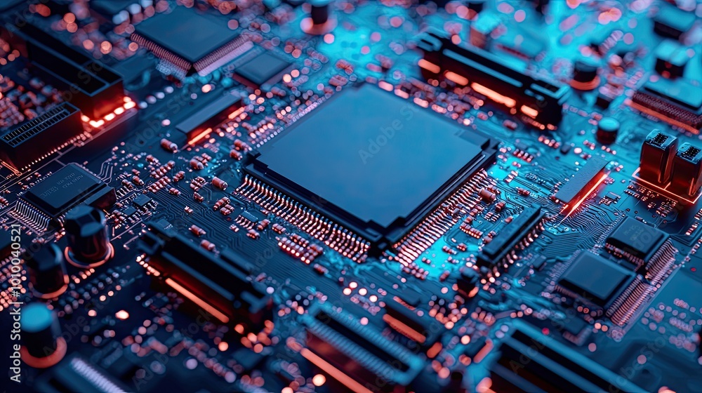 Close-up of a Circuit Board with Red and Blue Lighting Close-up of a Circuit Board with Red and Blue Lighting