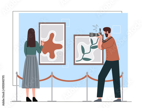 Visitors look at paintings. Man and woman in gallery or at exhibition look at art objects, artworks. Cultural recreation and leisure. Flat vector illustration isolated on white background