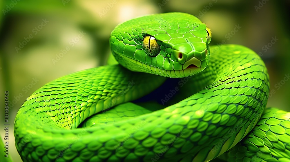 Realistic depiction of a green snake coiled in a natural environment, showcasing its vibrant color and intricate scales. Perfect for nature enthusiasts, educational materials, or wildlife illustration Realistic depiction of a green snake coiled in a natural environment, showcasing its vibrant color and intricate scales. Perfect for nature enthusiasts, educational materials, or wildlife illustration