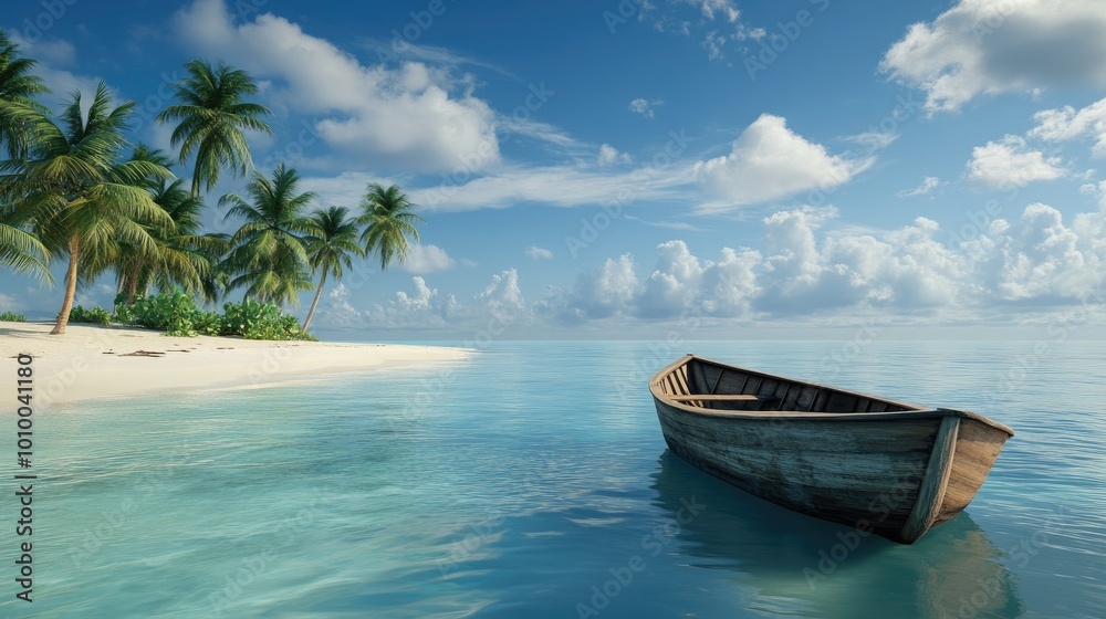 A lonely wooden boat floating on the still sea, with a serene white sand beach and palm trees in the background under a cloudless sky A lonely wooden boat floating on the still sea, with a serene white sand beach and palm trees in the background under a cloudless sky