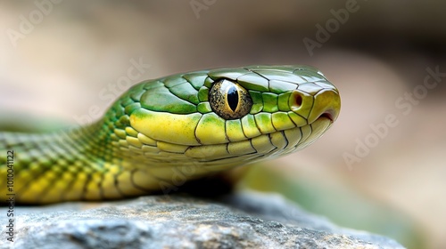 Realistic depiction of a green snake coiled in a natural environment, showcasing its vibrant color and intricate scales. Perfect for nature enthusiasts, educational materials, or wildlife illustration