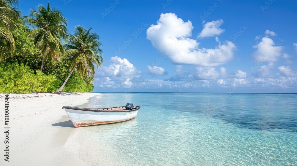 A single boat floating on a calm sea, with a beautiful white sand beach and palm trees lining the shore, under a serene sky A single boat floating on a calm sea, with a beautiful white sand beach and palm trees lining the shore, under a serene sky