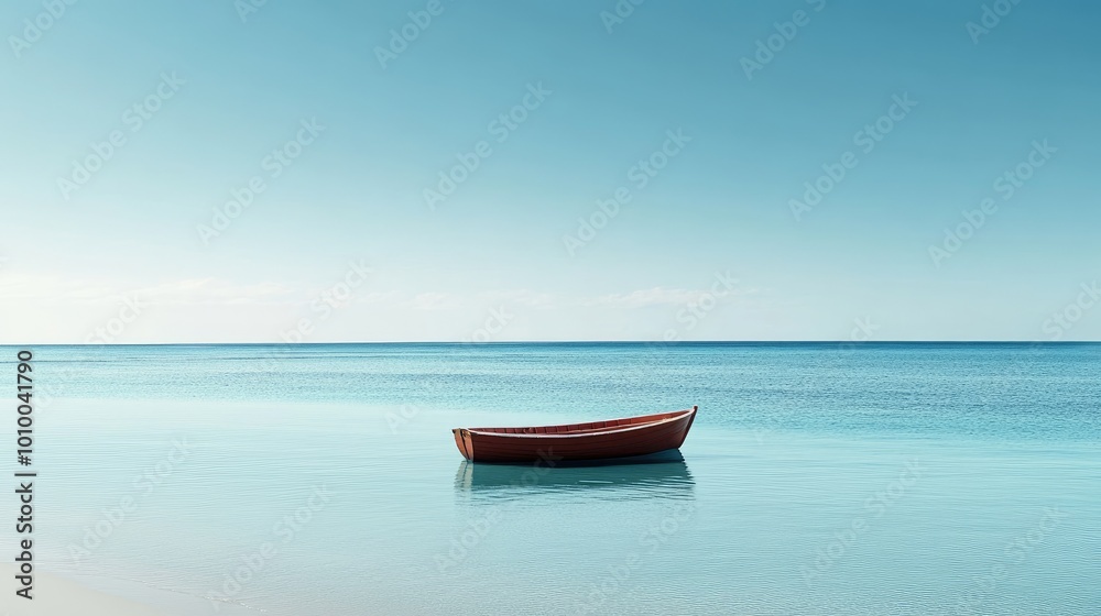 A solitary boat floating in calm blue waters, with white sand beach and clear skies in the background, creating a peaceful and idyllic setting A solitary boat floating in calm blue waters, with white sand beach and clear skies in the background, creating a peaceful and idyllic setting