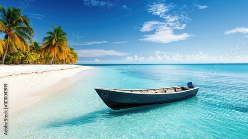 A tranquil boat floating in the clear blue sea, with a quiet white sand beach in the background and palm trees lining the shore