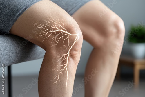 Depiction of nerve pain and fatigue: a person with exhausted legs, showing physical strain of nerve pain, focusing on discomfort and heaviness that comes with persistent aching in the lower body. photo