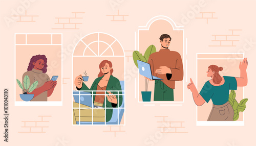 People in neighborhood. Man with laptop and women with hot drinks and flower pots. Young guy and girls communicate indoors. Hobby and leisure at home. Flat vector illustration