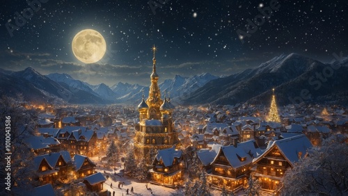 christmas night landscape with a church