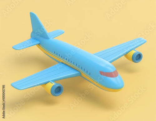 3D blue and yellow toy airplane against a yellow background, 3D isometric