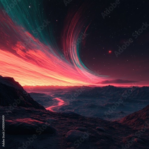 A Crimson Sunset Over a Mountainous Alien Landscape