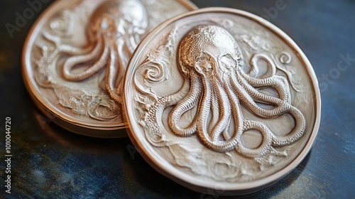 Detailed Octopus Sculpture: Close-Up of a Circular Metal Artwork photo