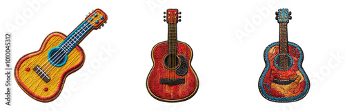 Colorful Acoustic Guitars with Unique Designs. Embroidered Patch Objects Collection in Embroidered Patch Style, Isolated on Transparent Background