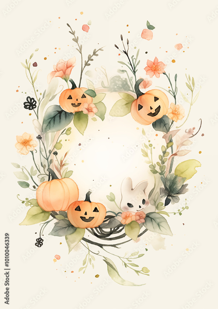 halloween background with jack-o-lantern pumpkins and flowers watercolor style illustration card invitation background holiday backdrop green orange brown cream space for copy text halloween background with jack-o-lantern pumpkins and flowers watercolor style illustration card invitation background holiday backdrop green orange brown cream space for copy text