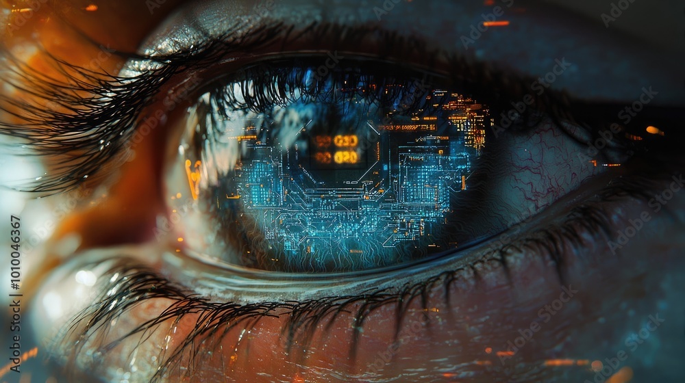 A Human Eye Reflecting a Circuit Board Pattern A Human Eye Reflecting a Circuit Board Pattern