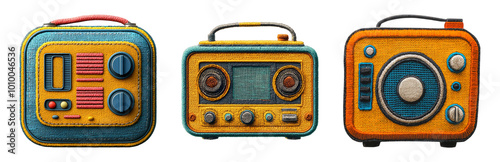 Colorful Retro Radio Collection in Fabric Style. Embroidered Patch Objects Collection in Embroidered Patch Style, Isolated on Transparent Background