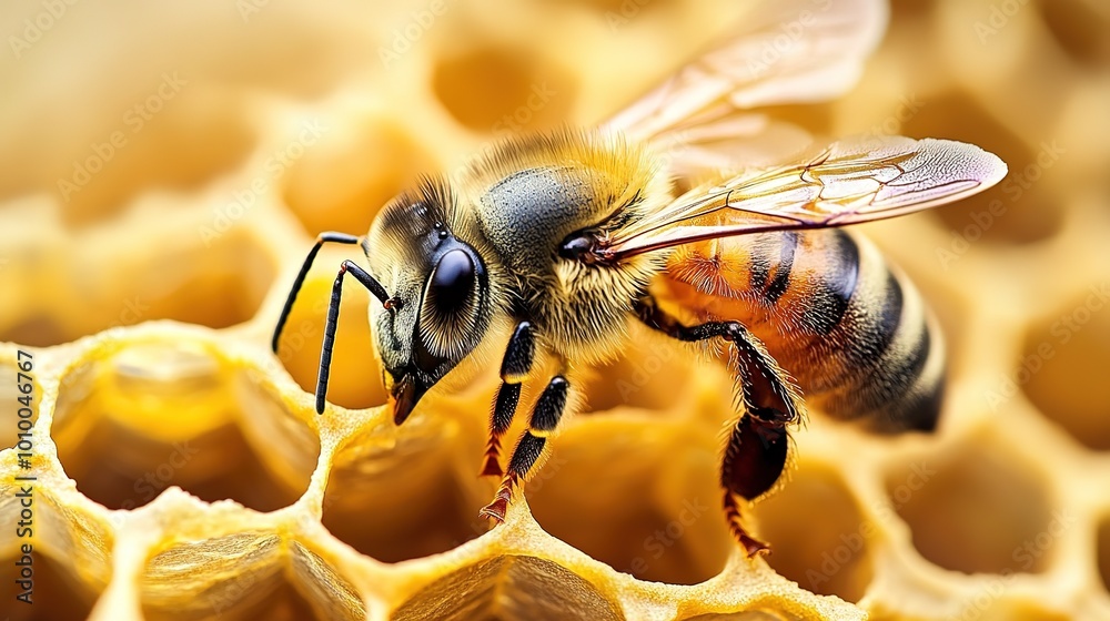 Honey bee flying in front of a detailed honeycomb structure on a transparent background. Vector illustration showcasing the beauty of nature and bees' role in pollination and honey production, Honey bee flying in front of a detailed honeycomb structure on a transparent background. Vector illustration showcasing the beauty of nature and bees' role in pollination and honey production,