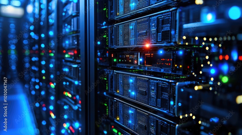 Close-up of server racks with glowing lights in a data center Close-up of server racks with glowing lights in a data center