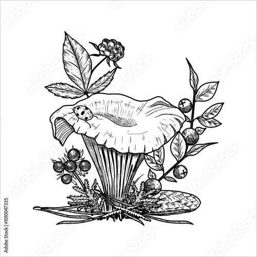 Hand draw chanterelle with pine cone, moss, berries. Vector illustration