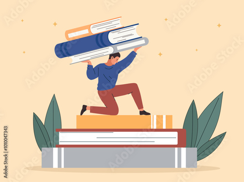 Read lot concept. Young guy on stack of books. Love of reading and literature. Education and training, learning. Knowledge and information. Flat vector illustration isolated on beige background