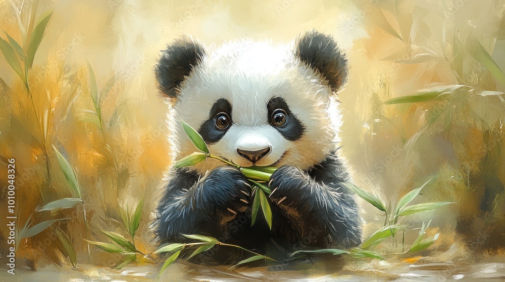 Cute panda eating bamboo in a serene natural setting. Cute panda eating bamboo in a serene natural setting.