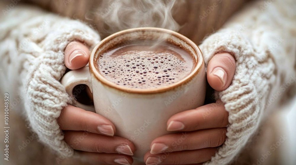 Close-up of hands holding a steaming cup of hot chocolate. Close-up of hands holding a steaming cup of hot chocolate.