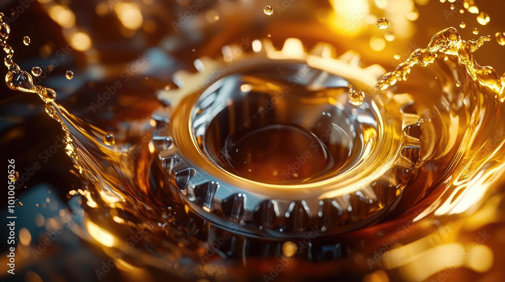 A gear is in a splash of oil. The gear is silver and has a hole in the middle A gear is in a splash of oil. The gear is silver and has a hole in the middle