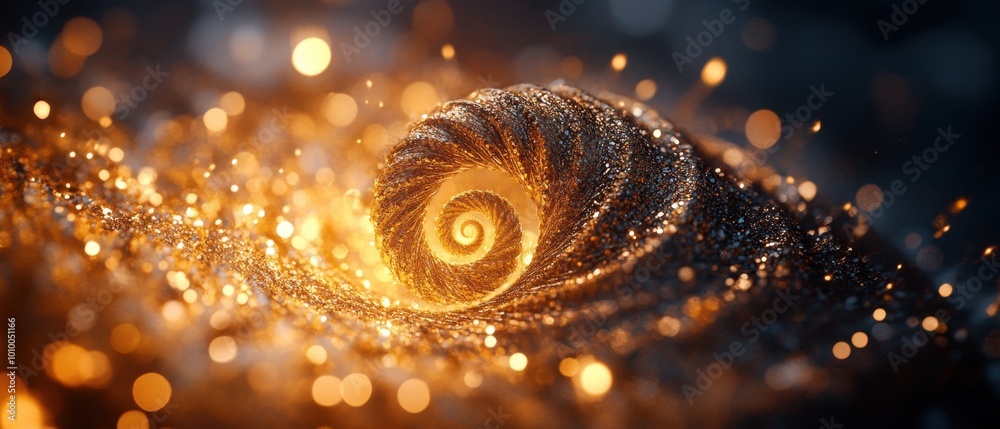 Golden spiral shell glimmers in dark ambient light Golden spiral shell glimmers in dark ambient light